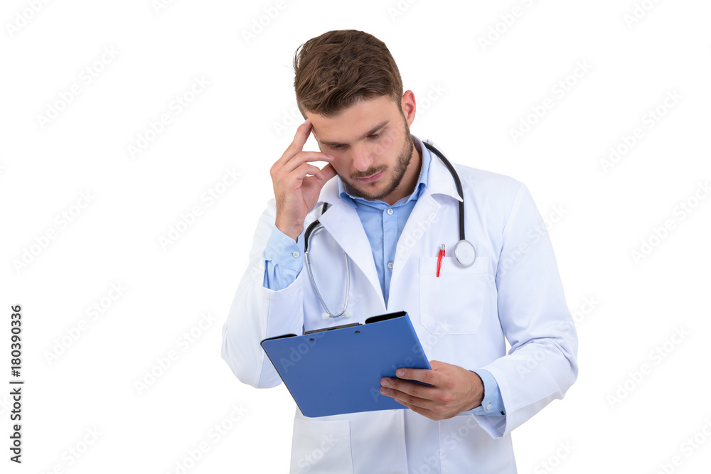 Young Worried doctor with pensive gesture isolated on white background Young Worried doctor with pensive gesture isolated on white background
