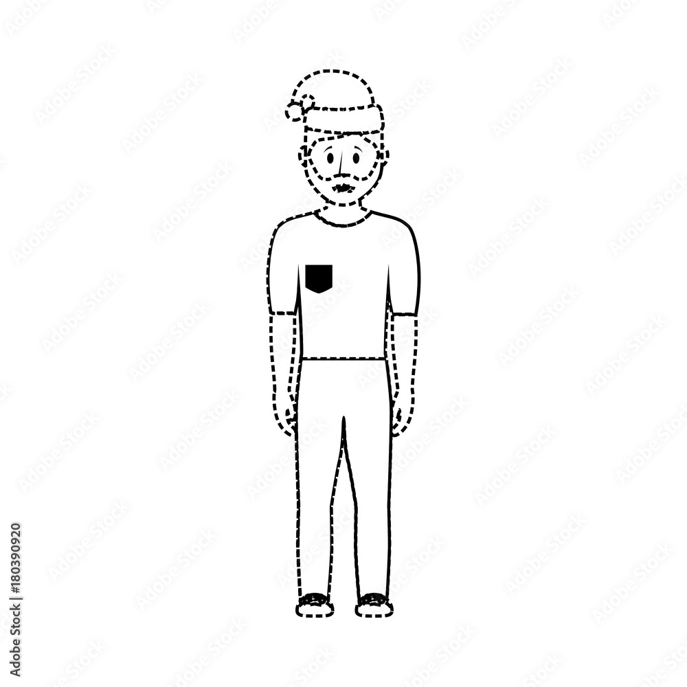 flat line uncolored man with santa hat  sticker ovver white background vector illustration