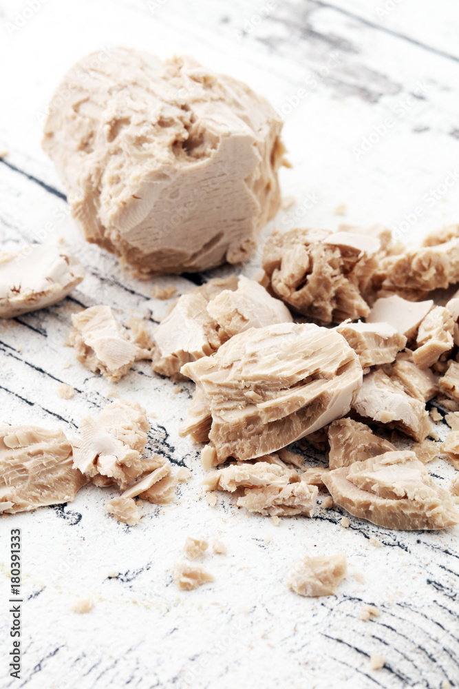 Fototapeta premium Dry yeast crumbled and yeast block for baking.