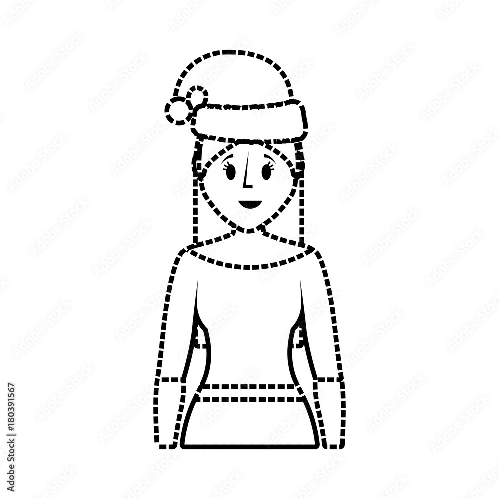 flat line uncolored woman with santa hat over white background vector illustration flat line uncolored woman with santa hat over white background vector illustration
