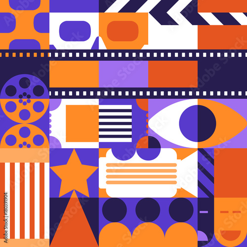 Vector abstract geometric cinema concept. Design elements, pattern and background for movie poster, entrance ticket, flyer. Trendy design for fashion textile prints, fabric.