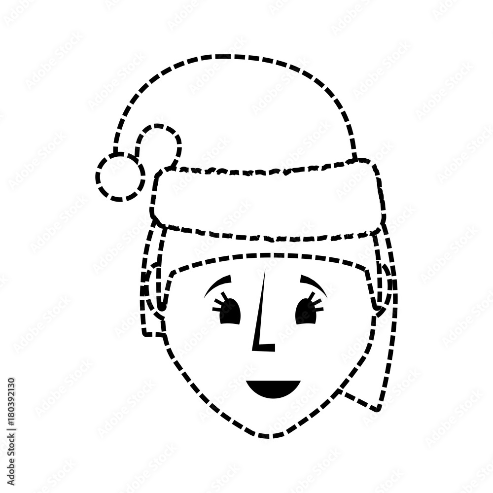 flat line uncolored woman face with santa hat sticker over white background vector illustration flat line uncolored woman face with santa hat sticker over white background vector illustration
