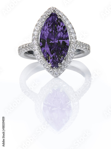 Purple Amethyst Beautiful Diamond Engagment ring. Gemstone Marquise cut surrounded by a halo of diamonds.