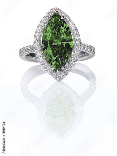Green Emerald Beautiful Diamond Engagment ring. Gemstone Marquise cut surrounded by a halo of diamonds.
