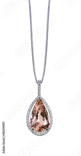 Peach Pink Morganite Diamond drop pear shape gemstone halo pendant necklace on a chain