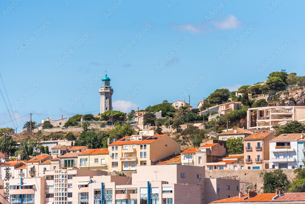 View of city buildings, Sete, France. Copy space for text.