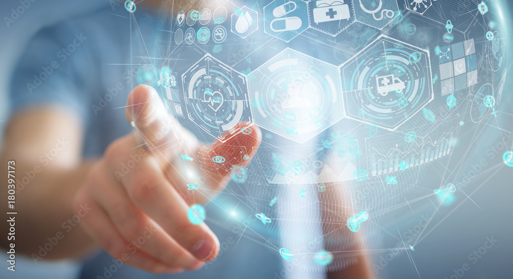 Businessman using digital medical sphere 3D rendering Businessman using digital medical sphere 3D rendering