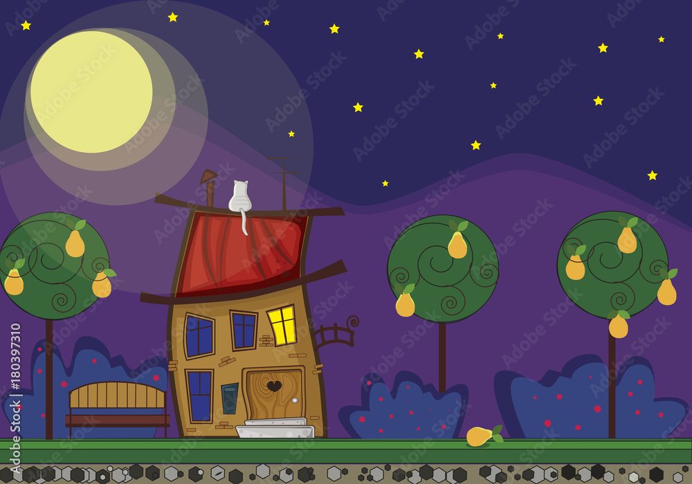 Horizontal illustration of cute cartoon fabulous house with light in window at night time, cat on the roof, bench, bushes and trees in summertime on full moon background.