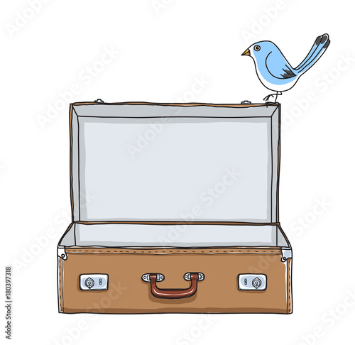 Brown Suitcase vintage empty suitcase and cute blue bird hand drawn vector art illustration