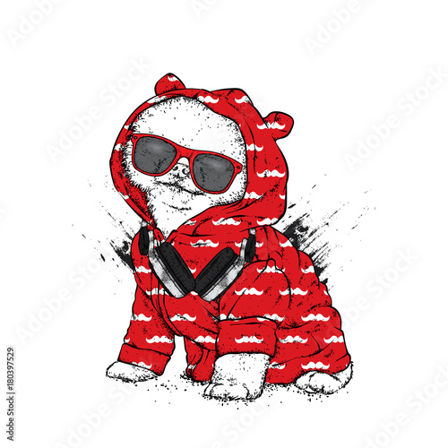 Beautiful spitz with headphones and glasses. Vector illustration. Stylish thoroughbred puppy. A dog in clothes and accessories.