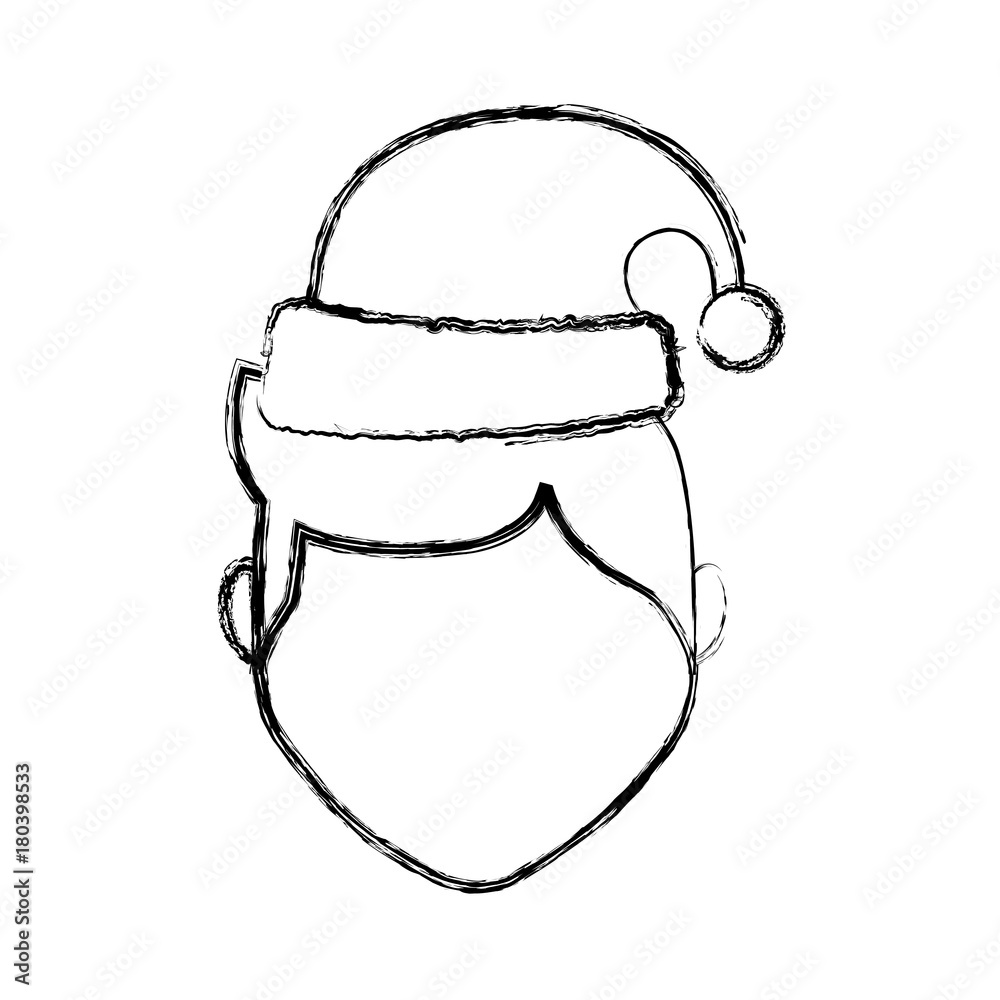 flat line uncolored  man face with  santa hat over white background  vector illustration