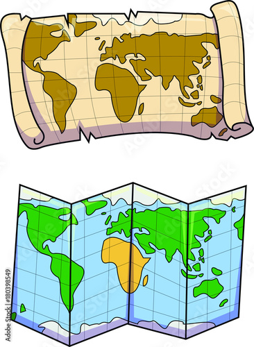 Vector illustration of an old and a new world map. Colorful treasure hunt and fold up types of maps.