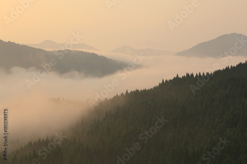 夜明けの最上峡を流れる霧の川（山形県戸沢村）Dawn of Mogami-gorges / Tozawa, Yamagata, Japan