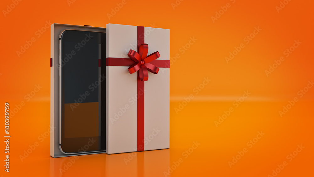 Smartphone gold. Gift box concept. 3D rendering Smartphone gold. Gift box concept. 3D rendering