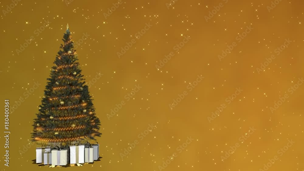 Christmas tree on golden background with copy space. Loop able, 3D rendering, UHD