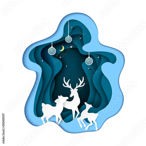 Deers family with blue abstract paper art background.For merry christmas and happy new year.Vector illustration.
