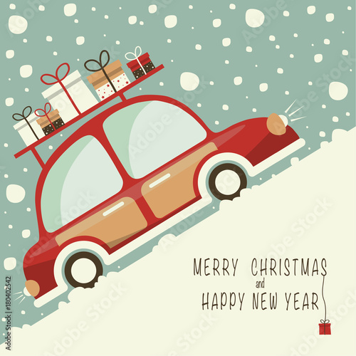 The cover design. Shows a red car traveling up the hill. On the roof of the car lie gift boxes. The phrase merry Christmas and a happy New year.