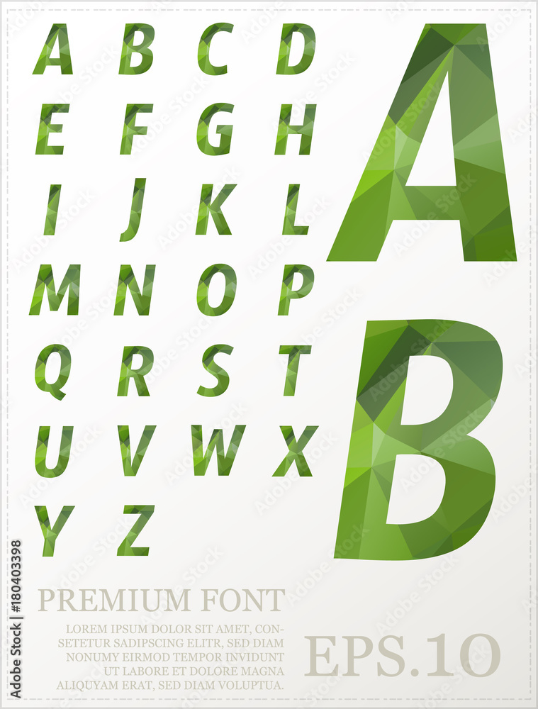 Green font Low poly on concept vector from A to Z with numbers and punctuation