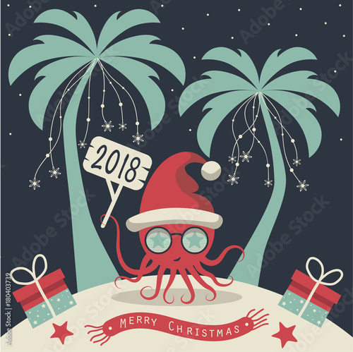 Christmas on the island. Depicts two palm trees, a octopus in Santa Claus hat, garlands of snowflakes, presents on the sand , starfish and scarf with the words merry christmas.
