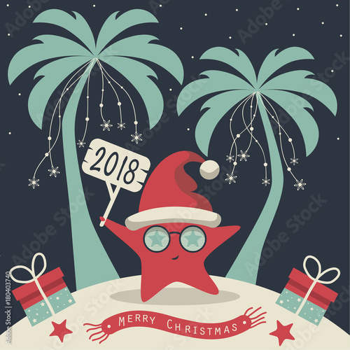 The cover design. Christmas on the island. Depicts two palm trees, a sea star in Santa Claus hat, garlands of snowflakes, presents on the sand , starfish and scarf with the words merry christmas.