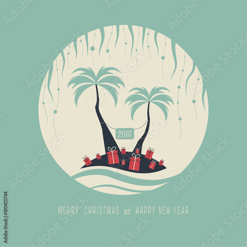 The cover design. Depicts two palm trees, ocean, presents on the sand, a garland of balls and sun in the background. The phrase merry christmas and happy new year. The numbers 2,0,1,8