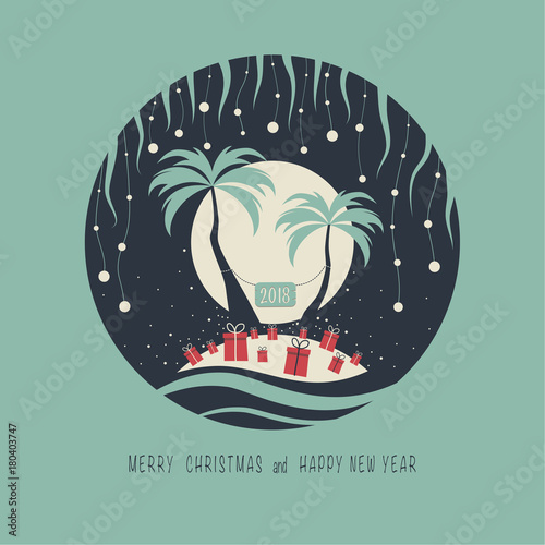 The cover design. Depicts two palm trees, ocean, presents on the sand, a garland of balls of snow and moon in the background. The phrase merry christmas and happy new year. The numbers 2,0,1,8