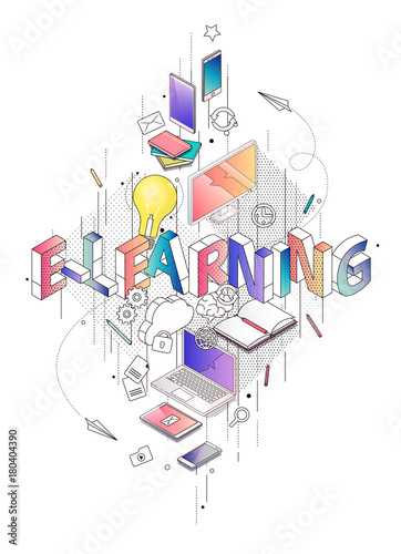 Isometric concept with thin line letters, typography word e-learning
