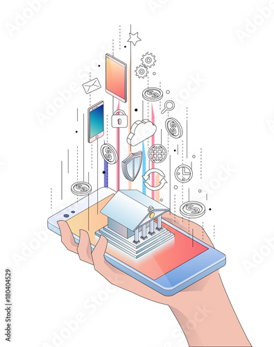 Isometric concept of smartphone with mobile banking