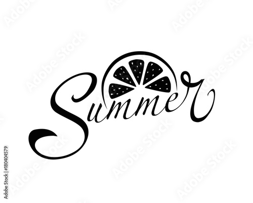 The cover design. Picture of a piece of fruit and the phrase summer on a white background . The word summer is depicted in black.