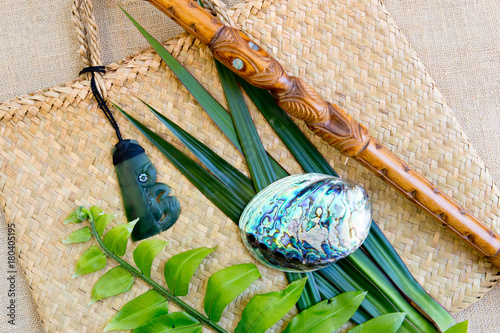 New Zealand - Maori themed objects - Jade Pounamu Paua shell and Wooden Tokotoko