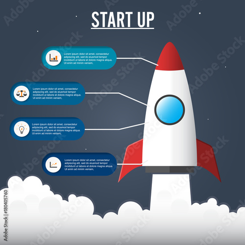 Fototapeta Naklejka Na Ścianę i Meble -  Flat illustration concept of business project startup infographic with idea rocket. Template for cycle diagram, graph, presentation and round chart. Data, options, part, steps or processes