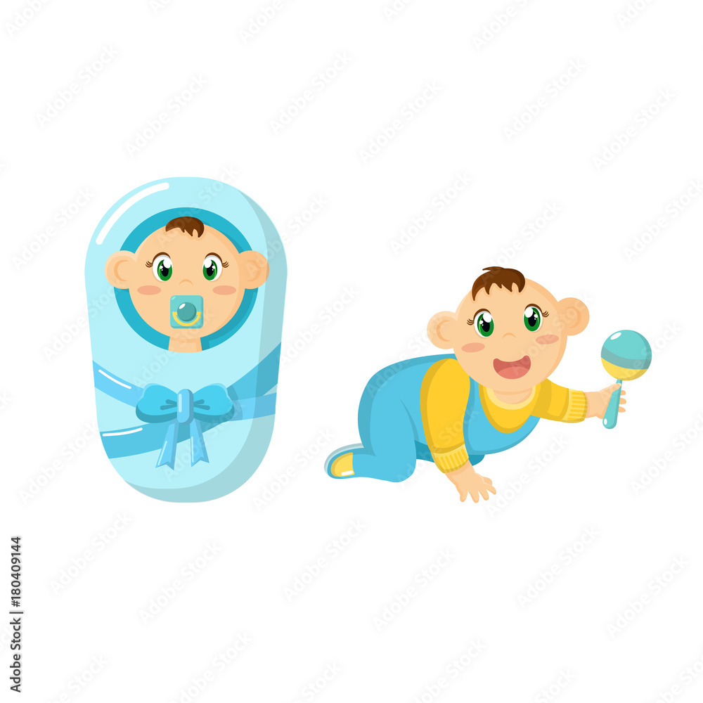 Newborn baby, children, in diaper with pacifier, crawling with rattle. Newborn baby, children, in diaper with pacifier, crawling with rattle.