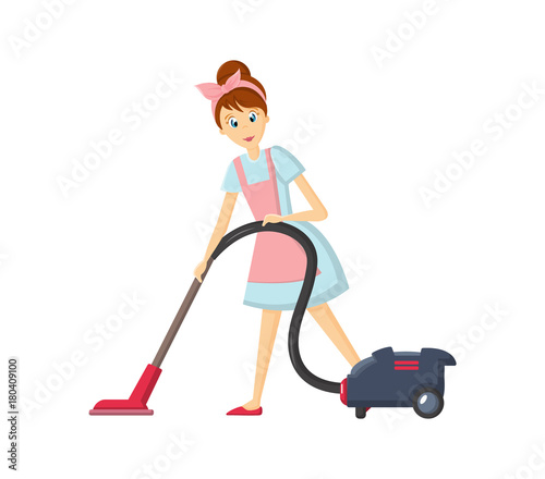 Woman housewife characters. Woman housewife removes dust with vacuum cleaner.