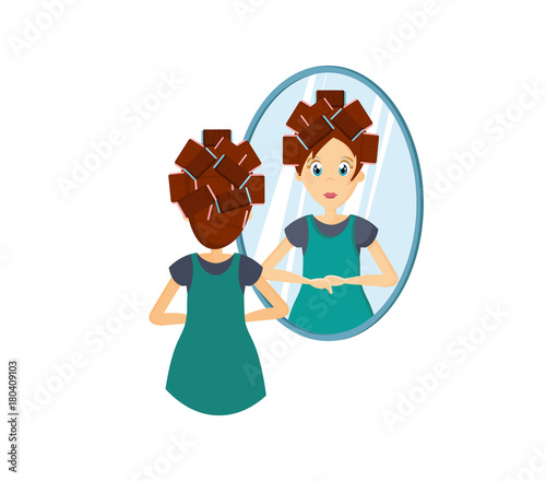 Girl standing front of mirror, doing hairstyle, do make-up.