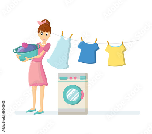 Woman housewife characters. Woman housewife washing clothes in washing machine.