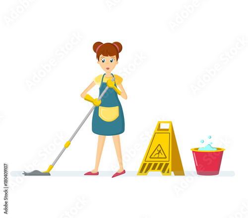 Woman housewife characters. Woman housewife washes floor, in room.