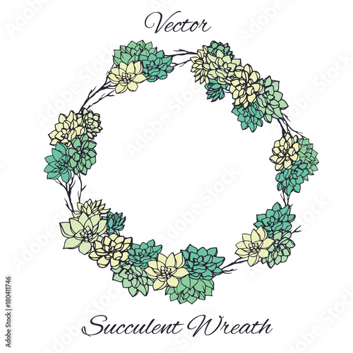 Wreath of succulents and tree branches isolated on white background. Usables as floral wedding invitation, save the date designs and more.