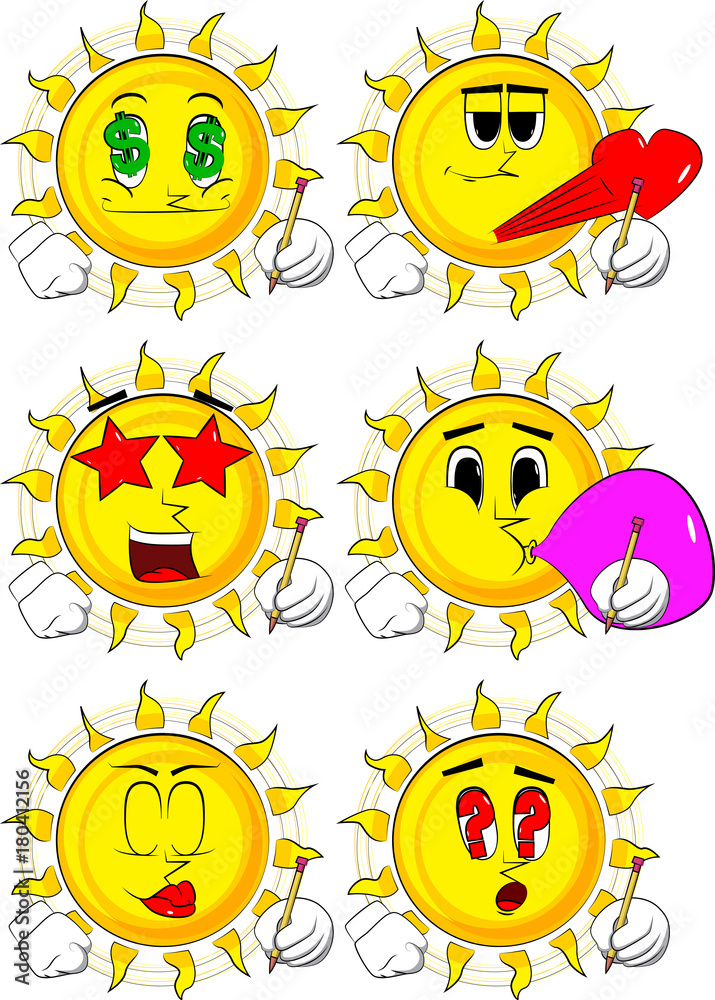 Cartoon sun writing with pencil. Collection with various facial expressions. Vector set.