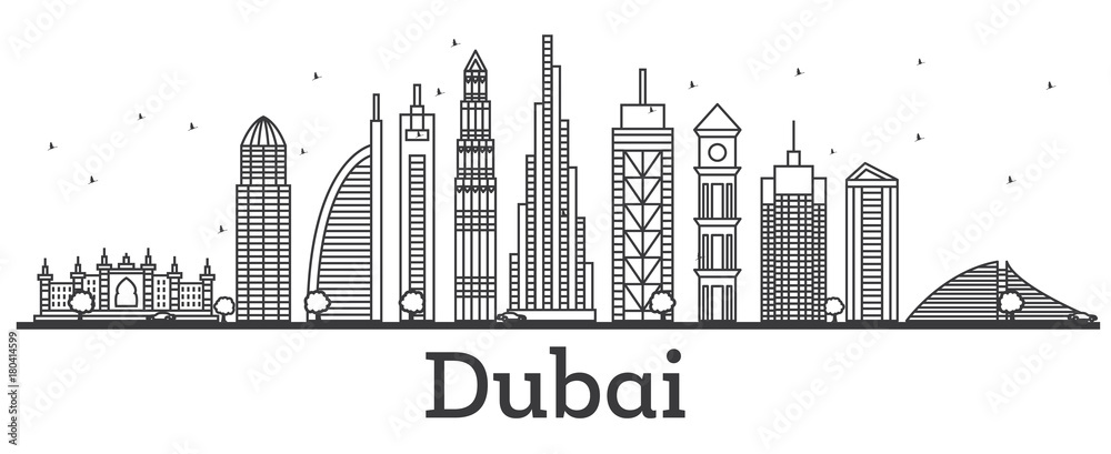 Outline Dubai UAE Skyline with Modern Buildings.
