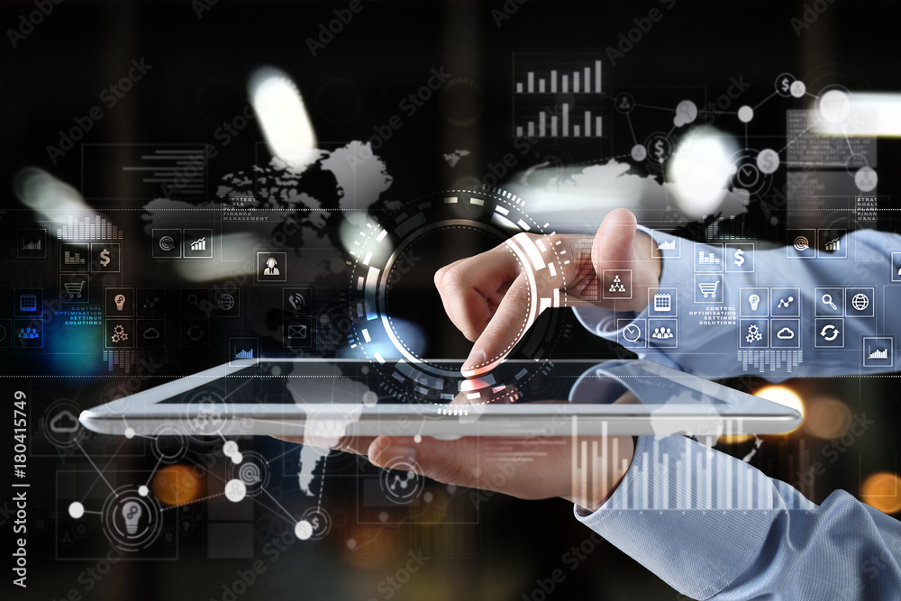 Fototapeta premium Internet, Business and technology concept. Icons, diagrams and graphs background on virtual screen.