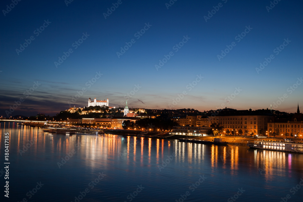 Bratislava City Night River View In Slovakia