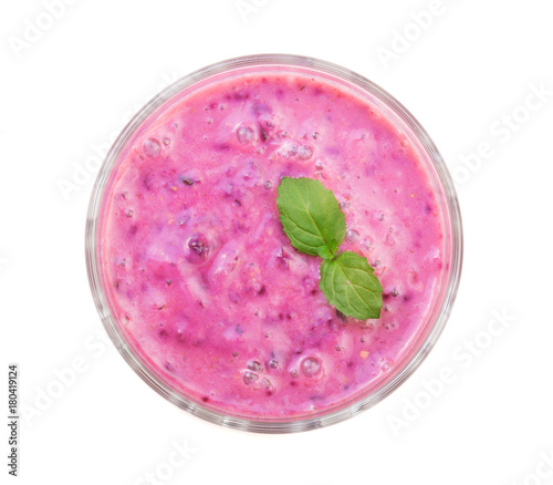 blackberry yogurt or smoothie with mint leaves isolated on white background. Top view. Healthy Eating