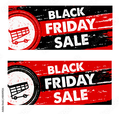 black friday sale with shopping cart, drawn banners, vector.