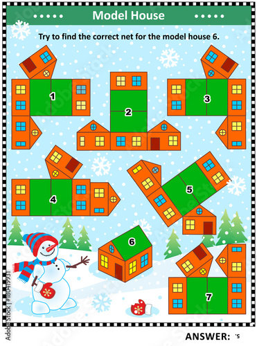 IQ training visual puzzle (suitable both for kids and adults) or picture riddle: Try to find the correct net for the model house 6. Answer included.
