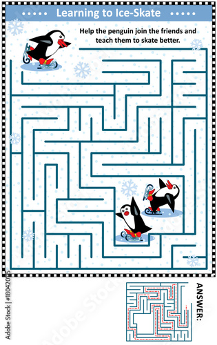 Winter or holidays themed maze game or activity page with skating penguins: Help the penguin join the friends and teach them to skate better. Answer included.
