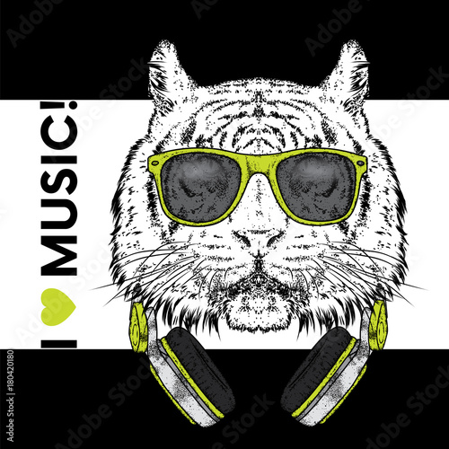 Fototapeta Naklejka Na Ścianę i Meble -  Tiger in glasses and headphones. Vector illustration. The animal is a hipster. Music, fashion and style. Print on clothes, postcard and printed products.