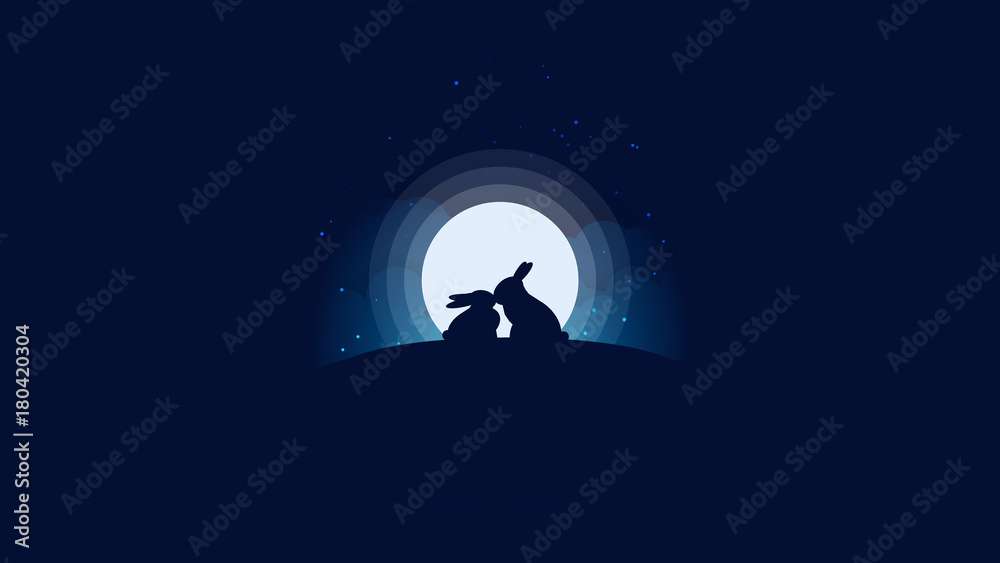 Rabbits Kissing On Full Moon Background, Valentines Concept Rabbits Kissing On Full Moon Background, Valentines Concept
