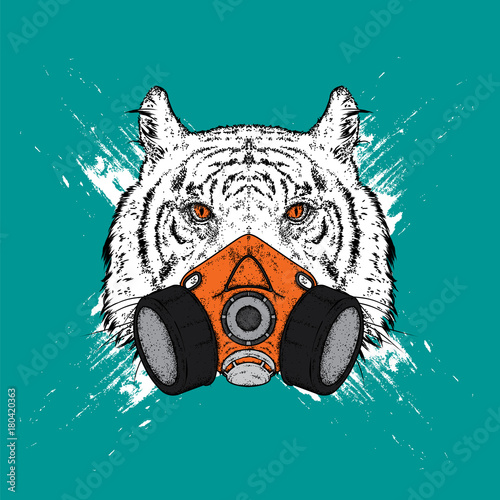 Fototapeta Naklejka Na Ścianę i Meble -  Tiger in a mask for graffiti. Respirator. Vector illustration for a postcard or a poster, print for clothes.
