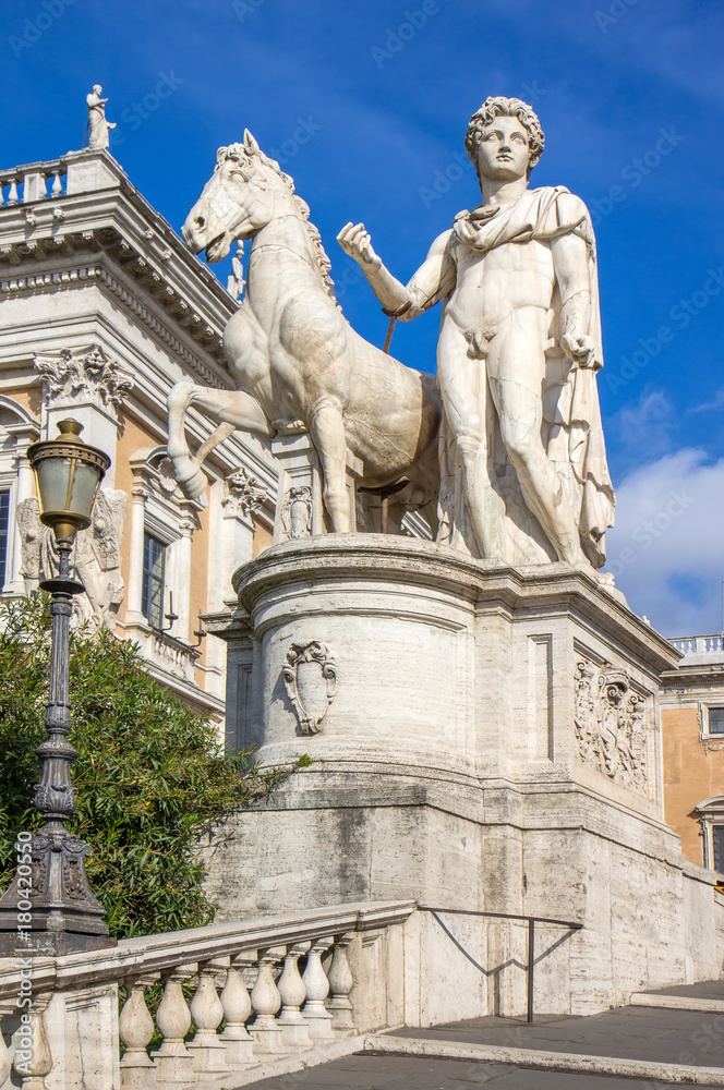 Statue of Pollux with his horse at Piazza del Campidoglio on Capitoline Hill, Rome, Italy