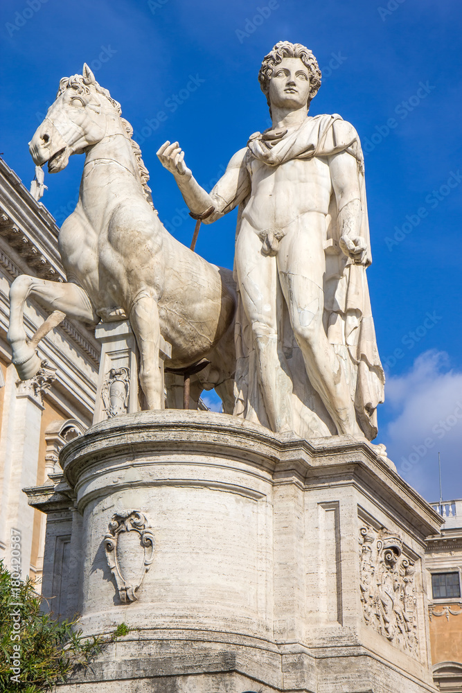 Statue of Pollux with his horse at Piazza del Campidoglio on Capitoline Hill, Rome, Italy